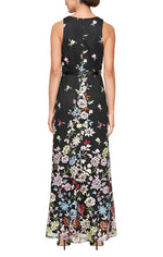 Long Sleeveless Floral Embroidered A-Line Dress - alexevenings.com