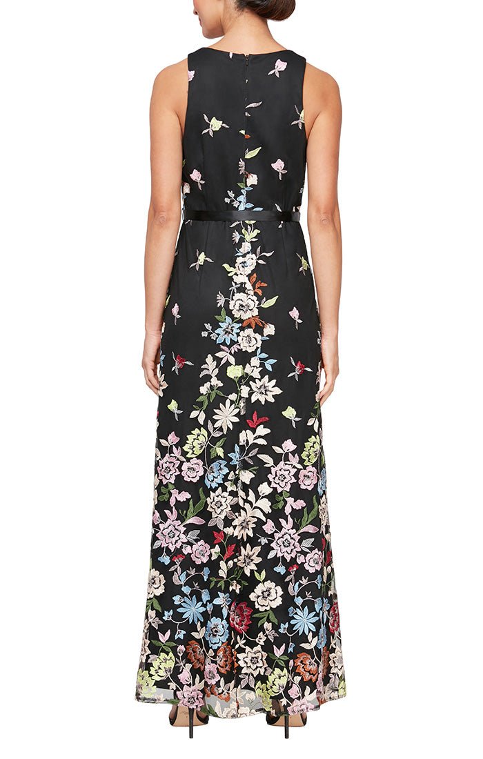 Long Sleeveless Floral Embroidered A-Line Dress - alexevenings.com