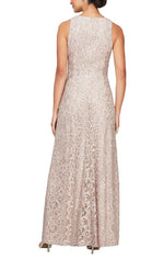 Long Sleeveless Lace Dress with Cascade Ruffle Front Slit Detail - alexevenings.com