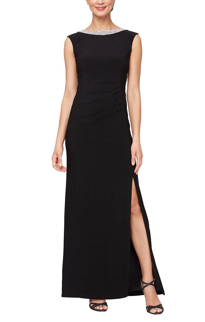 Long Sleeveless Matte Jersey Dress with Embellishment Detail at Neckline and Front Slit - alexevenings.com