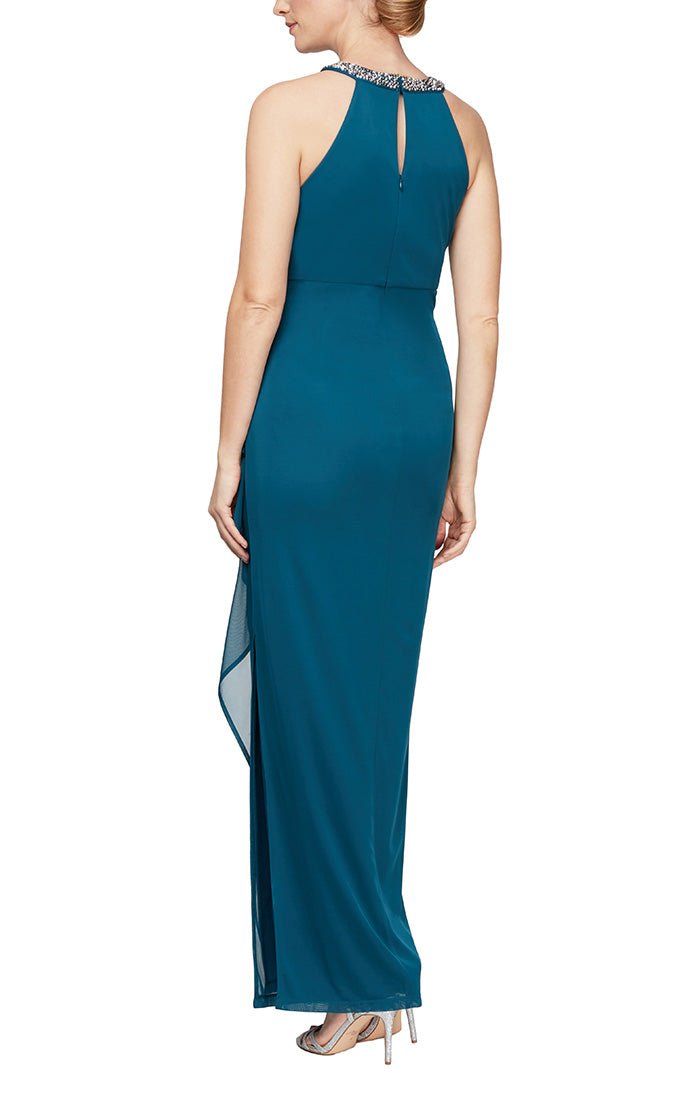 Long Sleeveless Mesh Dress with Beaded Halter Style Neckline and Cascade Ruffle Detail Skirt - alexevenings.com