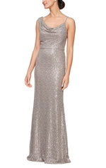 Long Sleeveless Sequin Gown with Cowl Neckline & Spaghetti Straps - alexevenings.com