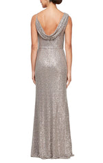 Long Sleeveless Sequin Gown with Cowl Neckline & Spaghetti Straps - alexevenings.com