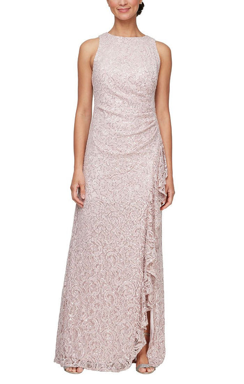 Long Sleeveless Sequin Lace Dress with Cascade Ruffle Front Slit Detail - alexevenings.com