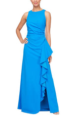 Long Sleeveless Stretch Crepe Dress with Cascade Ruffle Skirt Detail & Cutaway Neckline - alexevenings.com