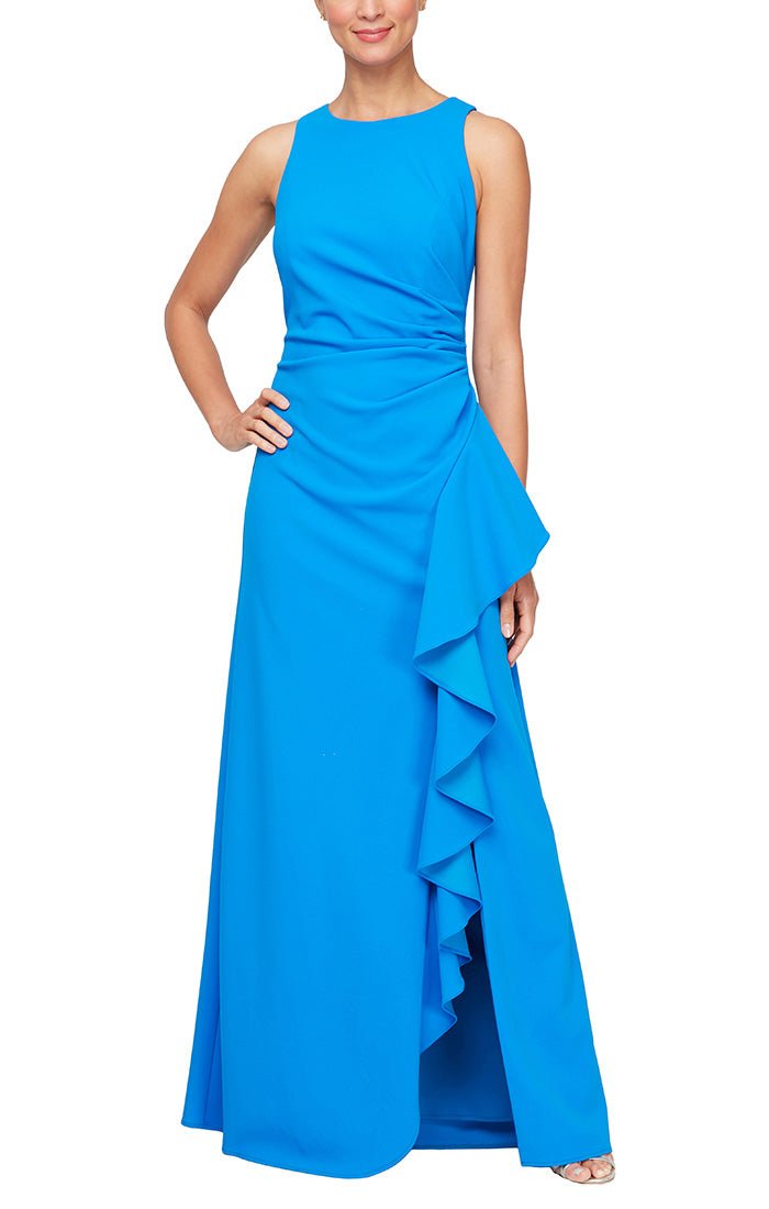 Long Sleeveless Stretch Crepe Dress with Cascade Ruffle Skirt Detail & Cutaway Neckline - alexevenings.com
