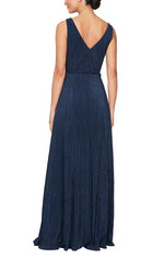 Long Sleeveless Surplice Neckline Dress with A-Line Skirt & Tie Belt - alexevenings.com