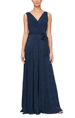 Long Sleeveless Surplice Neckline Dress with A-Line Skirt & Tie Belt - alexevenings.com