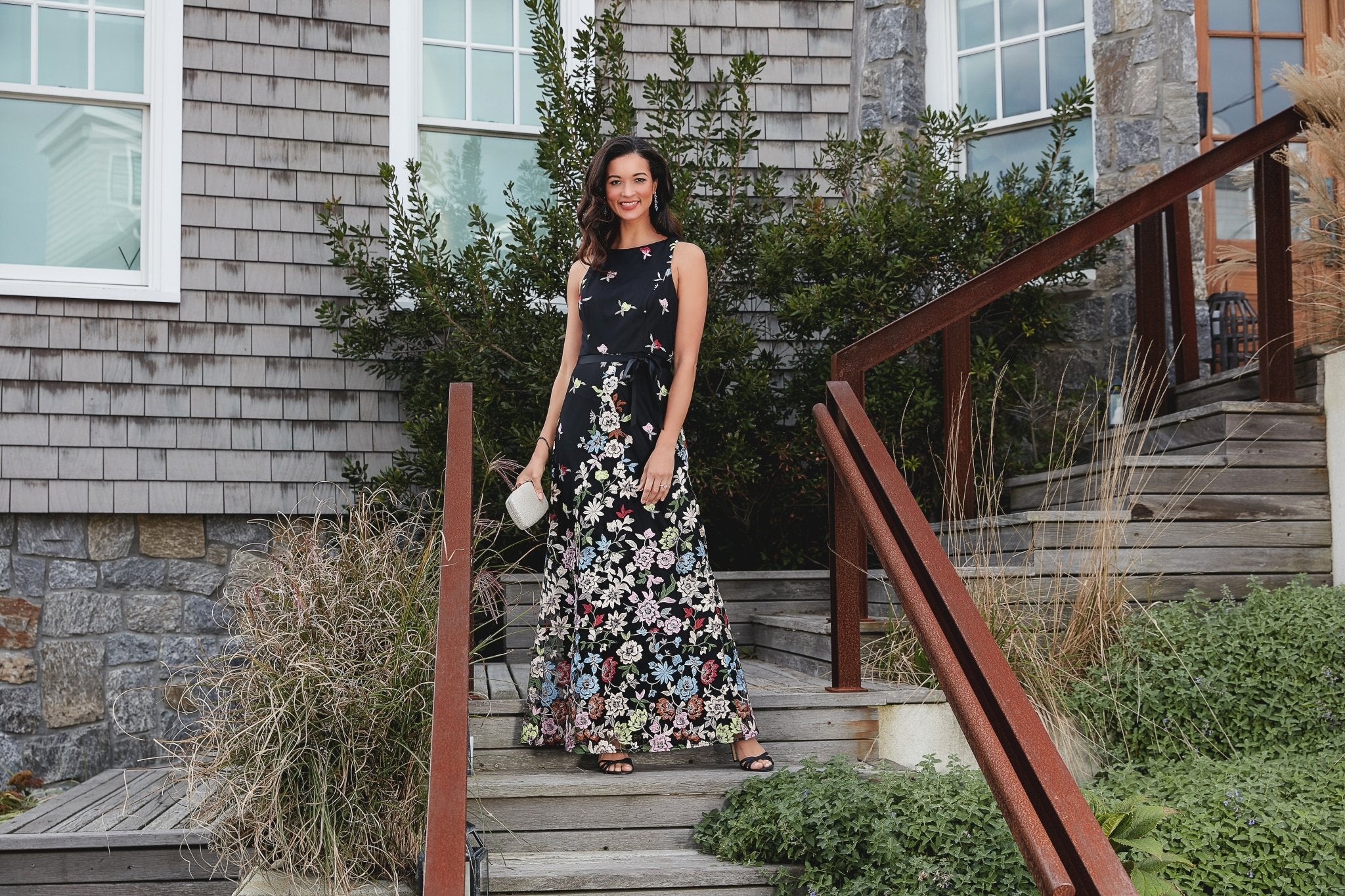 Long Sleeveless Tulle A Line Dress with Embroidered Cascading