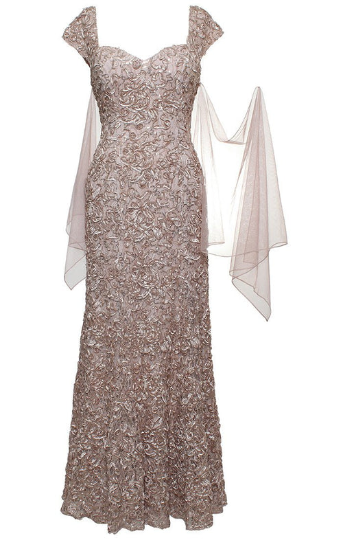 Long Soutache Sweetheart Neckline Dress With Cap Sleeves and Shawl - alexevenings.com