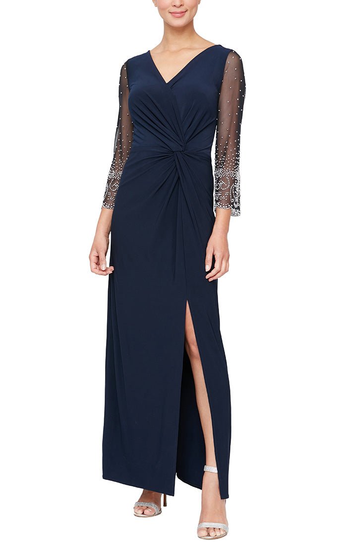 Long Surplice Neckline Dress with Embellished Illusion Sleeves, Knot Front Detail and Front Slit - alexevenings.com