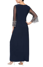 Long Surplice Neckline Dress with Embellished Illusion Sleeves, Knot Front Detail and Front Slit - alexevenings.com