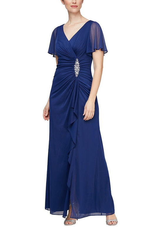 Long Surplice Neckline Dress with Flutter Sleeves, Embellishment at Hip and Cascade Skirt Detail - alexevenings.com