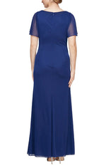 Long Surplice Neckline Dress with Flutter Sleeves, Embellishment at Hip and Cascade Skirt Detail - alexevenings.com