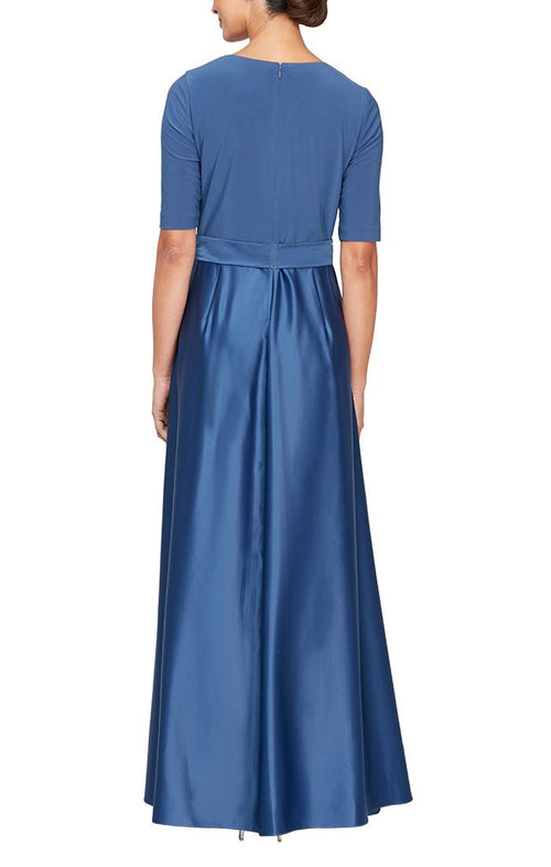 Long Surplice Neckline Dress with Jersey Bodice with Elbow Length Sleeves and Full Satin Skirt - alexevenings.com