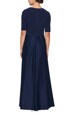 Long Surplice Neckline Dress with Jersey Bodice with Elbow Length Sleeves and Full Satin Skirt - alexevenings.com