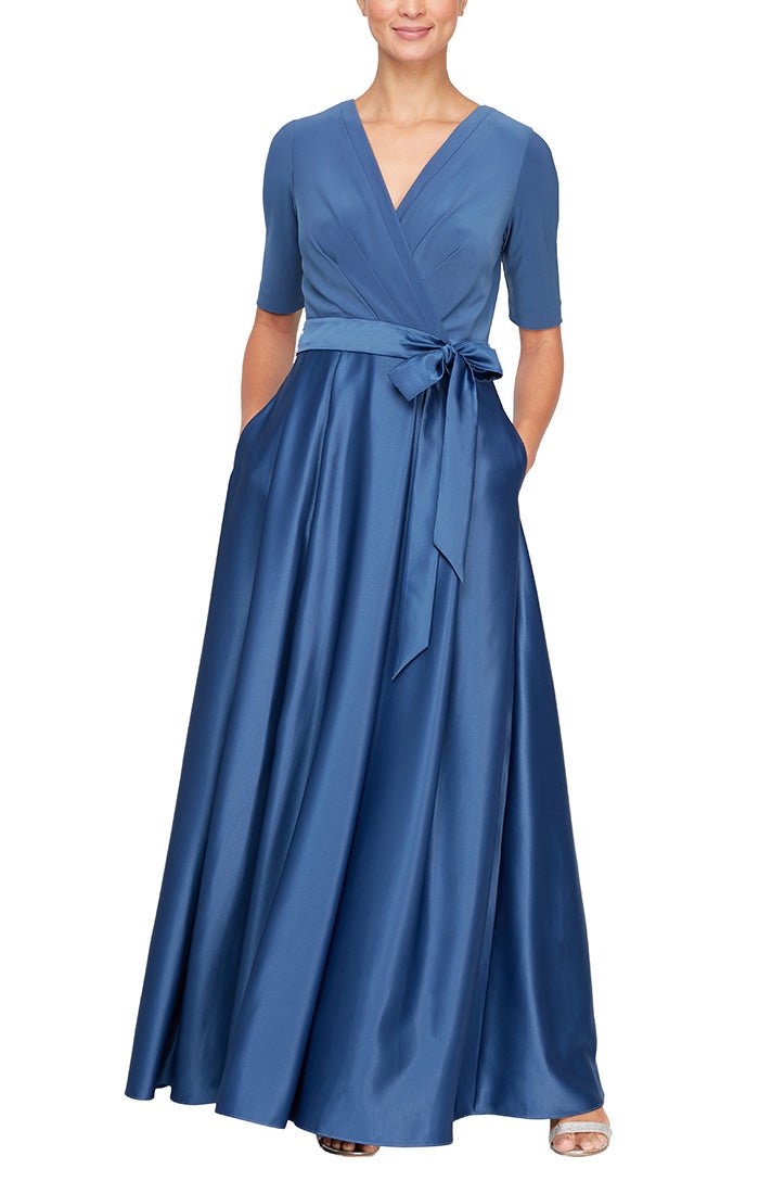 Surplice Neckline Ballgown with Full Satin Skirt & Jersey Bodice