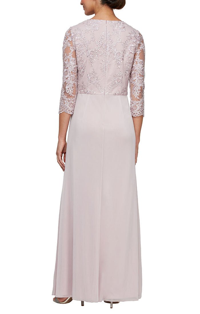 Long Surplice Neckline Dress with Scallop Detail, Illusion Sleeves & R