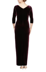 Long Surplice Neckline Velvet Dress with Tulip Overlay Hem Skirt & 3/4 Sleeves - alexevenings.com