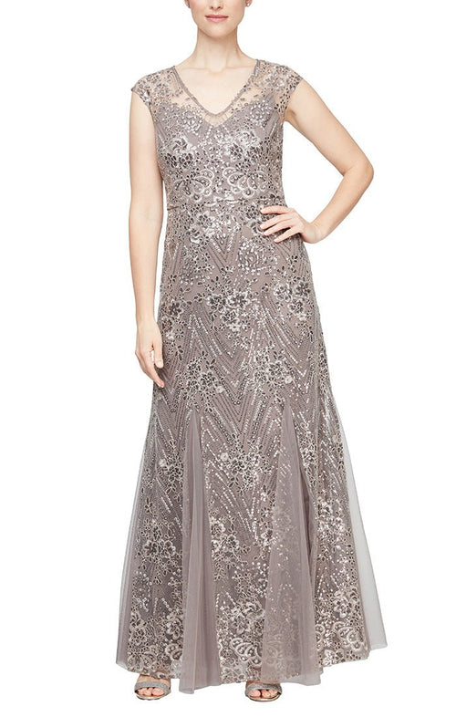 Long V-Neck Embroidered Fit and Flare Dress with Illusion Neckline, Godet Detail Skirt and Shawl - alexevenings.com