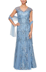 Long V-Neck Embroidered Fit and Flare Dress With Illusion Neckline, Godet Detail Skirt and Shawl - alexevenings.com