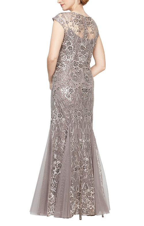 Long V-Neck Embroidered Fit and Flare Dress with Illusion Neckline, Godet Detail Skirt and Shawl - alexevenings.com