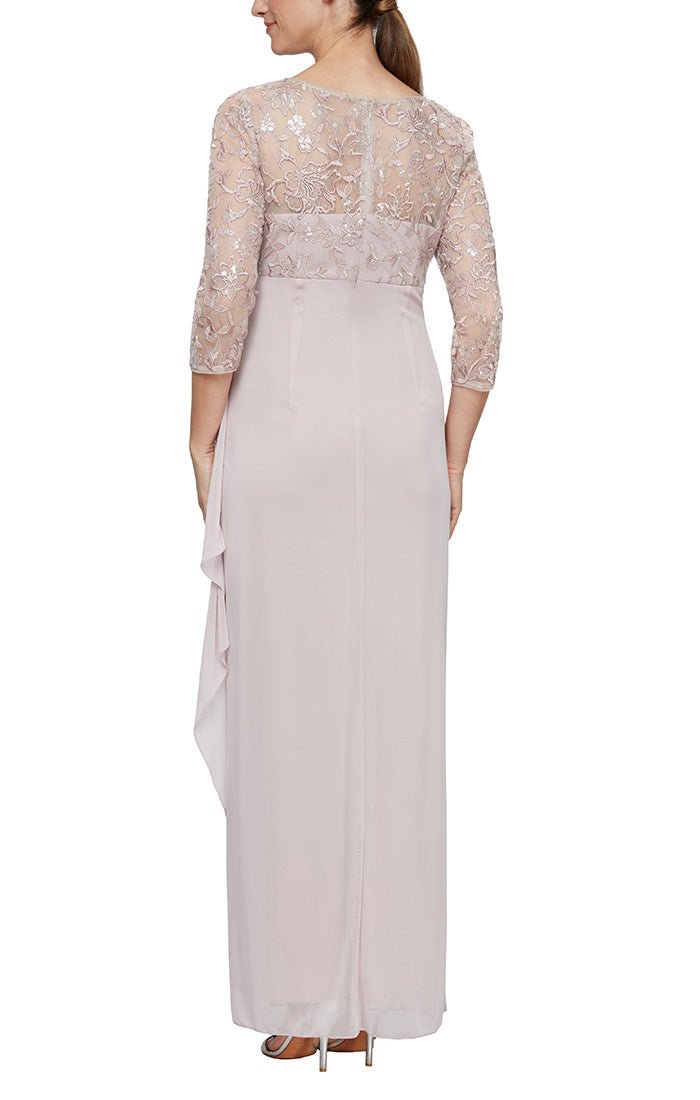 Long V-Neck Empire Waist Dress with Illusion Sleeves and Cascade Ruffle Detail Skirt - alexevenings.com
