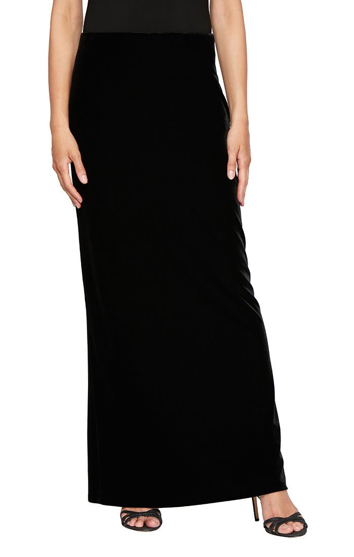 Long Velvet Skirt with Fishtail Back Detail with Elastic Waist - alexevenings.com
