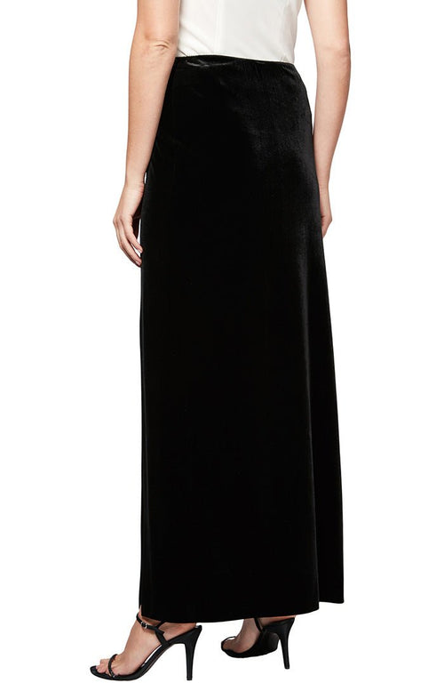 Long Velvet Skirt with Side Slit and Satin Button Detail - alexevenings.com