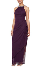 Mesh Dress with Beaded Halter Style Neckline and Cascade Ruffle Detail Skirt - alexevenings.com