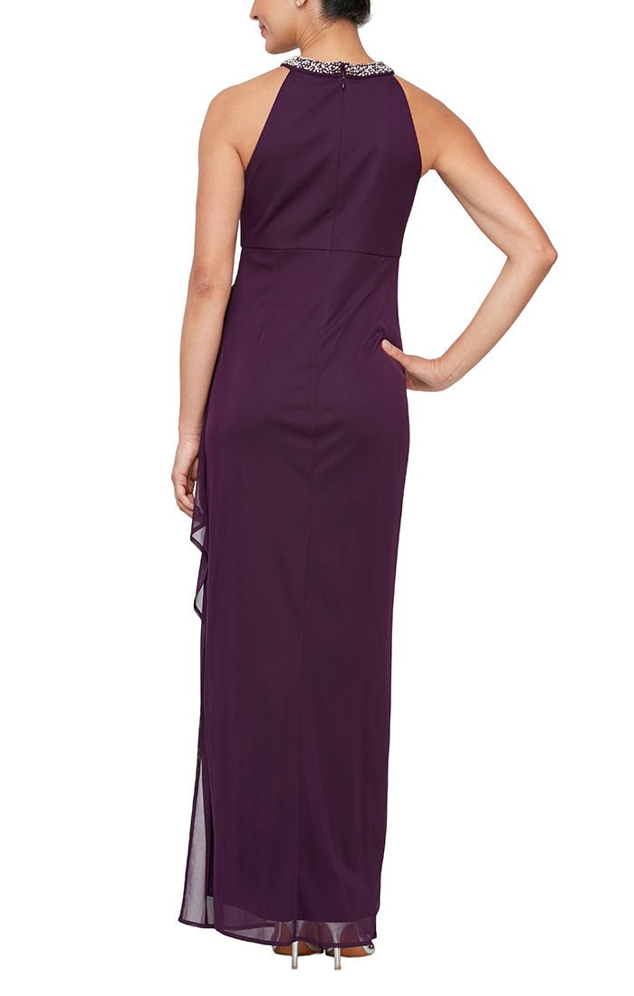 Mesh Dress with Beaded Halter Style Neckline and Cascade Ruffle Detail Skirt - alexevenings.com