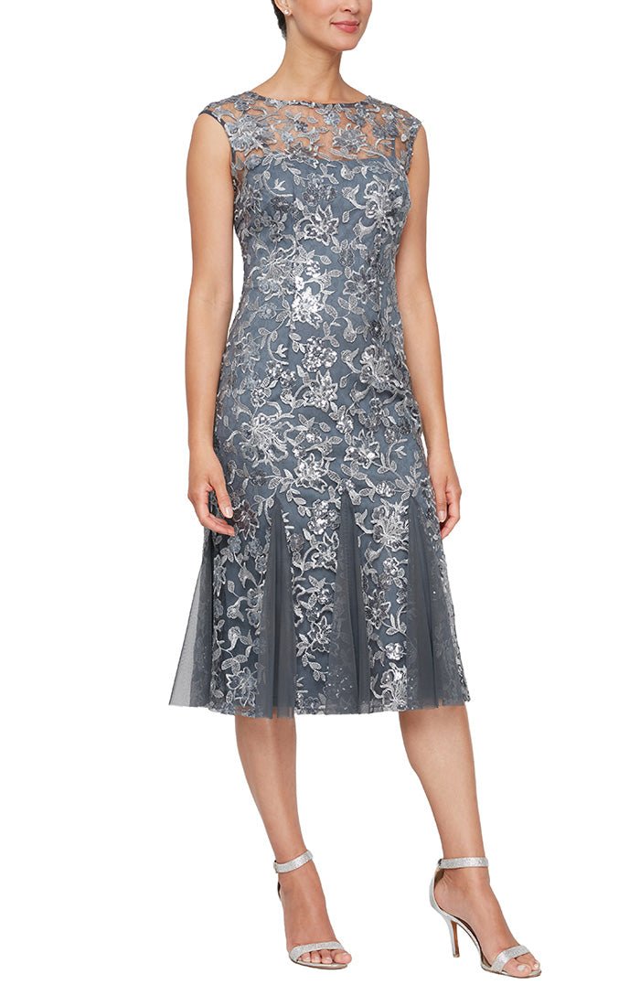 Midi Length Embroidered Cap Sleeve Fit & Flare Cocktail Dress with Illusion Neckline - alexevenings.com