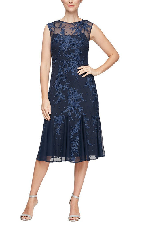 Midi Length Embroidered Fit and Flare Dress with Illusion Neckline and Godet Detail Skirt - alexevenings.com