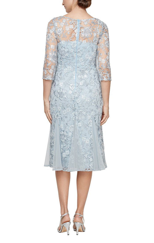 Midi Length Embroidered Fit and Flare Dress with Illusion Neckline and Sleeves and Godet Detail Skirt - alexevenings.com