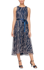 Midi Length Embroidered Sleeveless Dress with Tie Belt - alexevenings.com