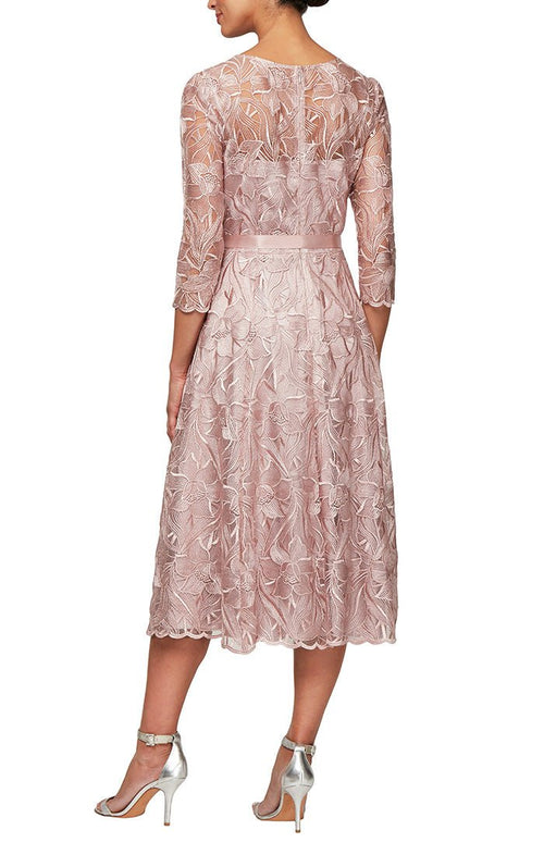 Midi Length Embroidered Tulle A-Line Dress with Illusion Neckline & Tie Belt - alexevenings.com
