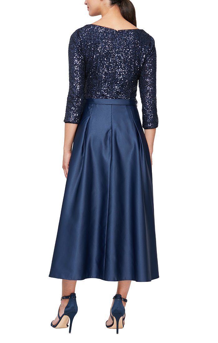 Midi Length Party Dress with Sequin Bodice, Full Satin Skirt & Tie Belt - alexevenings.com