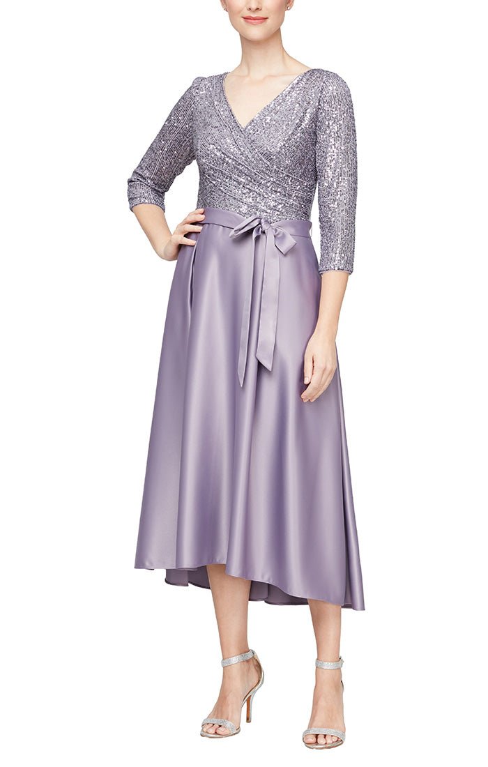 Midi Length Party Dress with Surplice Neckline, Tie Belt and Full Skirt - alexevenings.com
