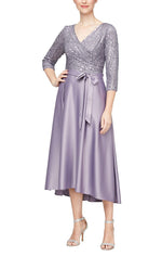 Midi Length Party Dress with Surplice Neckline, Tie Belt and Full Skirt - alexevenings.com