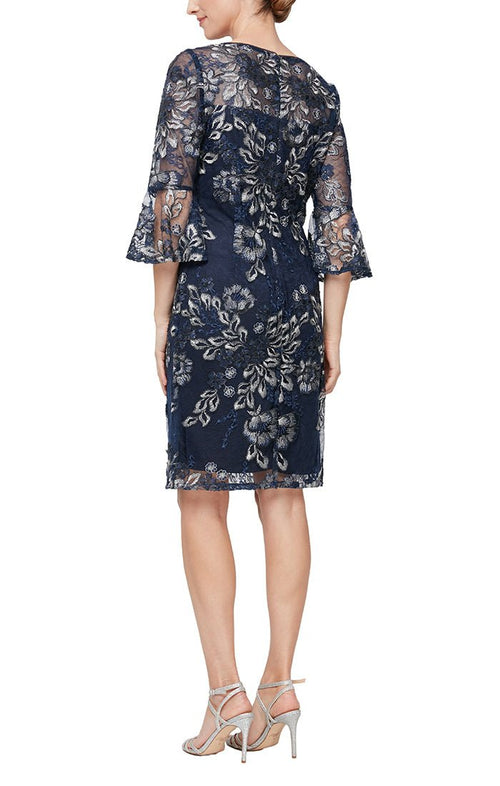 Missy - Short Embroidered Sheath Cocktail Dress with Illusion Neckline & Bell Sleeves - alexevenings.com