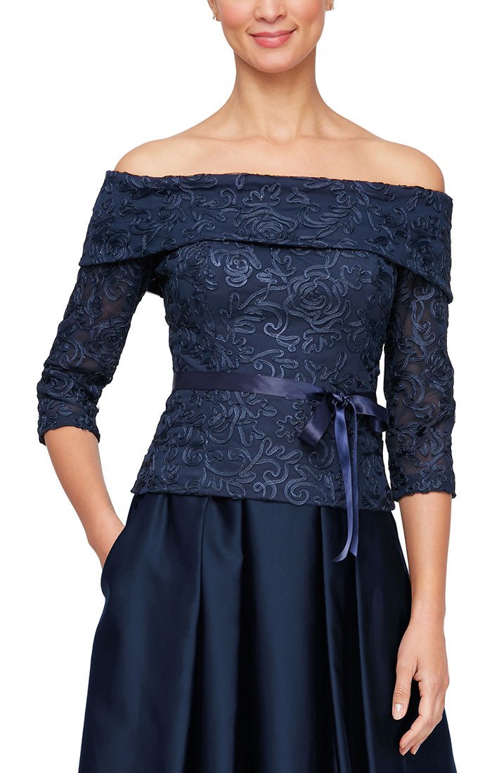 Off the Shoulder Soutache Blouse with Tie Belt and Illusion Sleeves - alexevenings.com