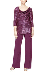Pantsuit with Cowl Neck Tunic Sequin Blouse and Straight Leg Jersey Pant - alexevenings.com