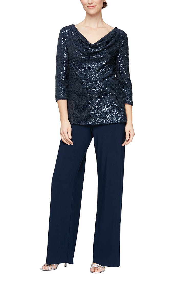Pantsuit with Cowl Neck Tunic Sequin Blouse and Straight Leg Jersey Pant - alexevenings.com