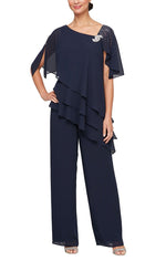 *Pantsuit with Embellished L-Neckline, Asymmetric Triple Tier Hem and Straight Leg Pant - alexevenings.com