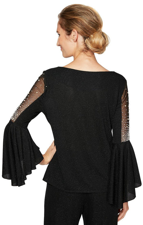 Petite 3/4 Sleeve Blouse with Beaded Illusion Detail and Cascade Bell Sleeves - alexevenings.com