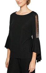 Petite 3/4 Sleeve Blouse with Beaded Illusion Detail and Cascade Bell Sleeves - alexevenings.com