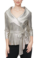 Petite 3/4 Sleeve Blouse with Collar and Tie Belt - alexevenings.com