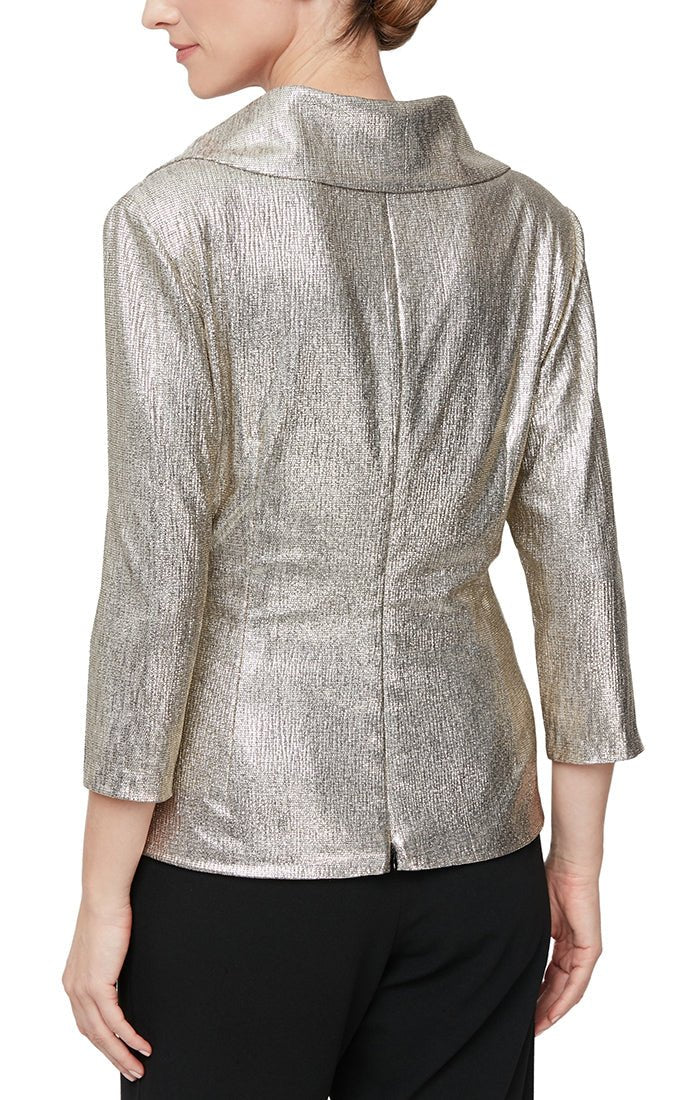 Petite 3/4 Sleeve Blouse with Collar and Tie Belt - alexevenings.com