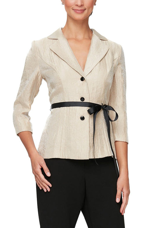 Petite 3/4 Sleeve Button Front Blouse With Collar and Tie Belt - alexevenings.com
