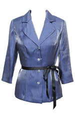Petite 3/4 Sleeve Button Front Blouse With Collar and Tie Belt - alexevenings.com